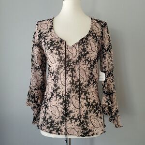 Angie Y2K Black Pink Paisley Sheer Round Neck Ties Boho Blouse Womens Medium